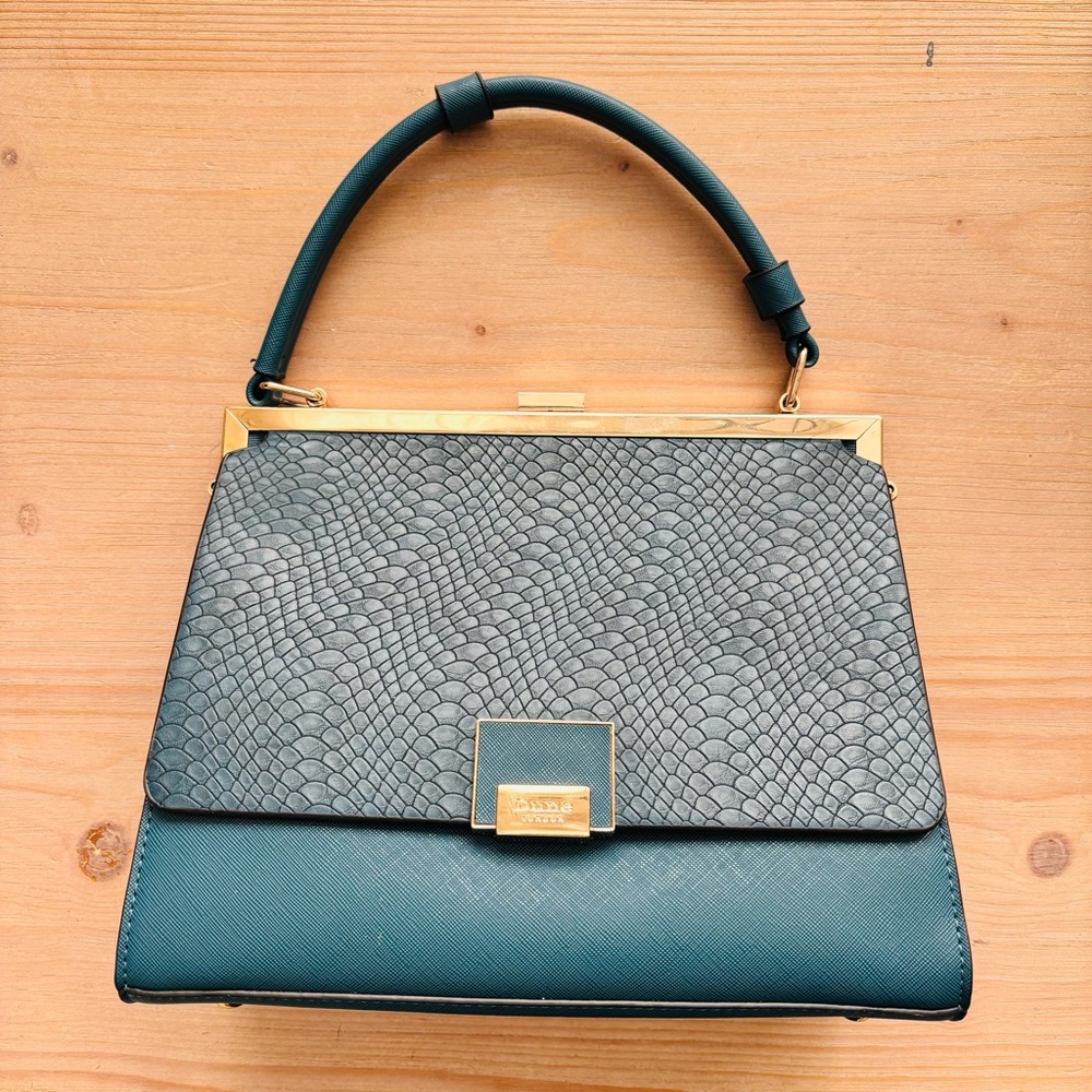 Dune London‎ Structured Top Handle Satchel – Teal Snake Embossed & Gold Hardware